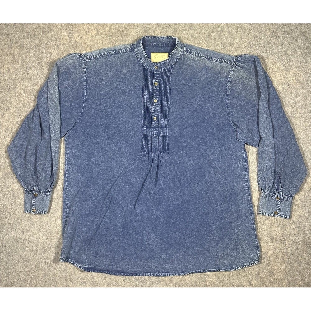 Scully Wahmaker Shirt Men’s XL Blue Denim Pleated Banded Collar Cowboy Western